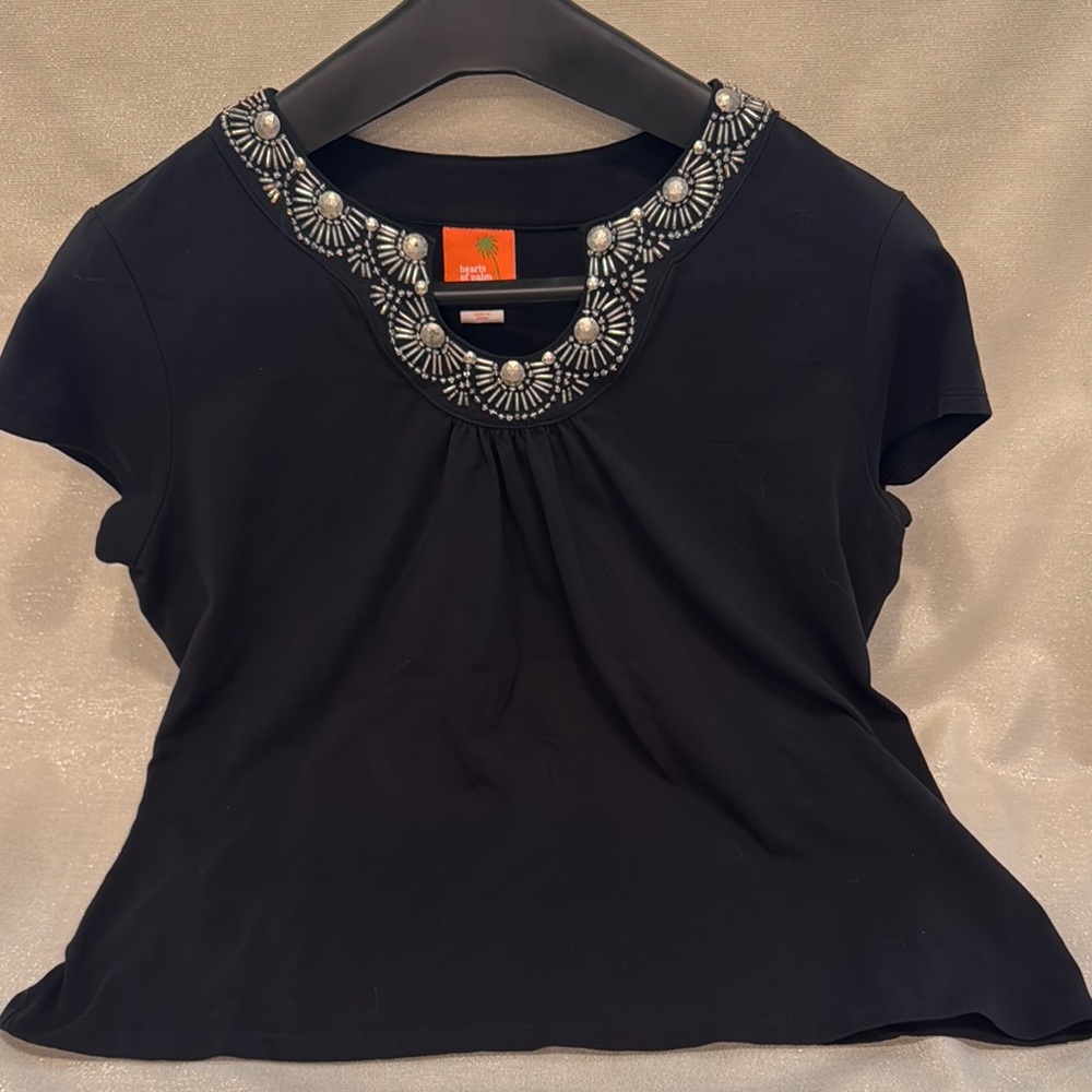 Hearts of Palm Black Silver Embellished Cap Sleeve Blouse